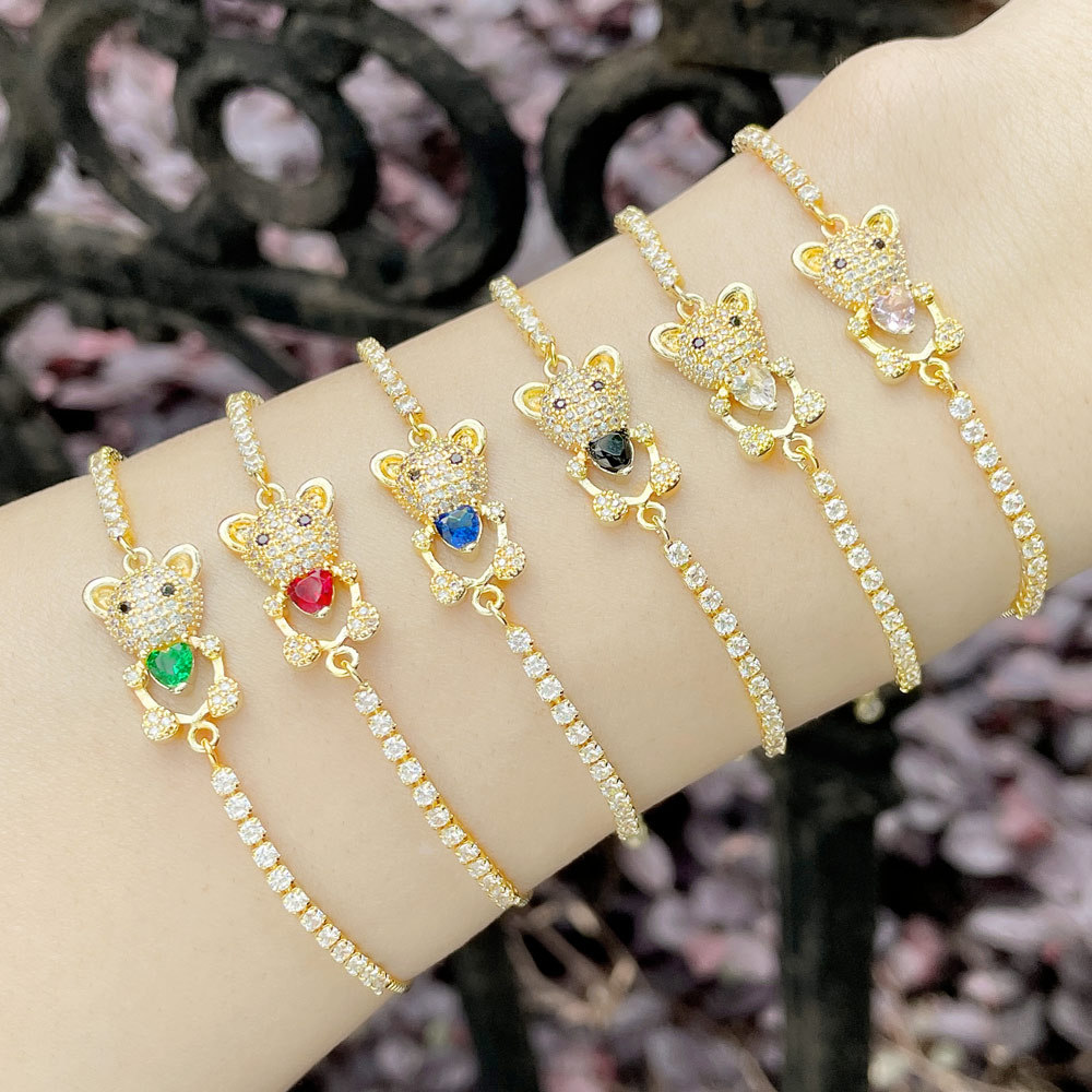 Heart-shaped little bear bracelet for women, European and American niche best friend, sister and couple jewelry, ins trendy colorful zircon bracelet