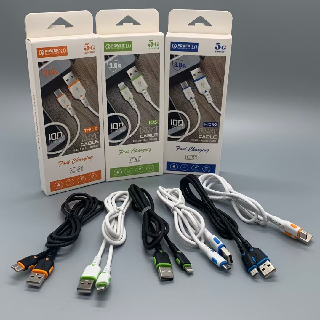 Fast-charging mobile phone charging data cable for Android, Apple and Huawei, 100 pieces of PVC, copper wire C90