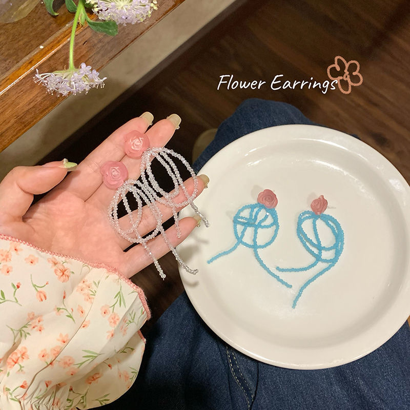 夏季撞色花朵流苏串珠耳环小众设计感高级耳饰女爆款网红独特耳钉