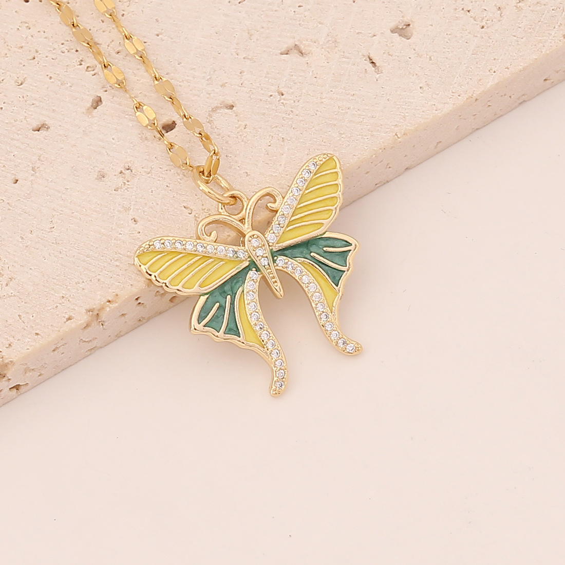 European and American cross-border jewelry, oil-dripping butterfly necklace, fashionable zircon pendant detail image 5