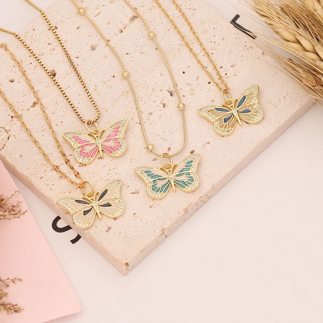European and American cross-border jewelry, oil-dripping butterfly necklace, copper micro-inlaid zircon pendant, INS style collarbone chain detail image 3