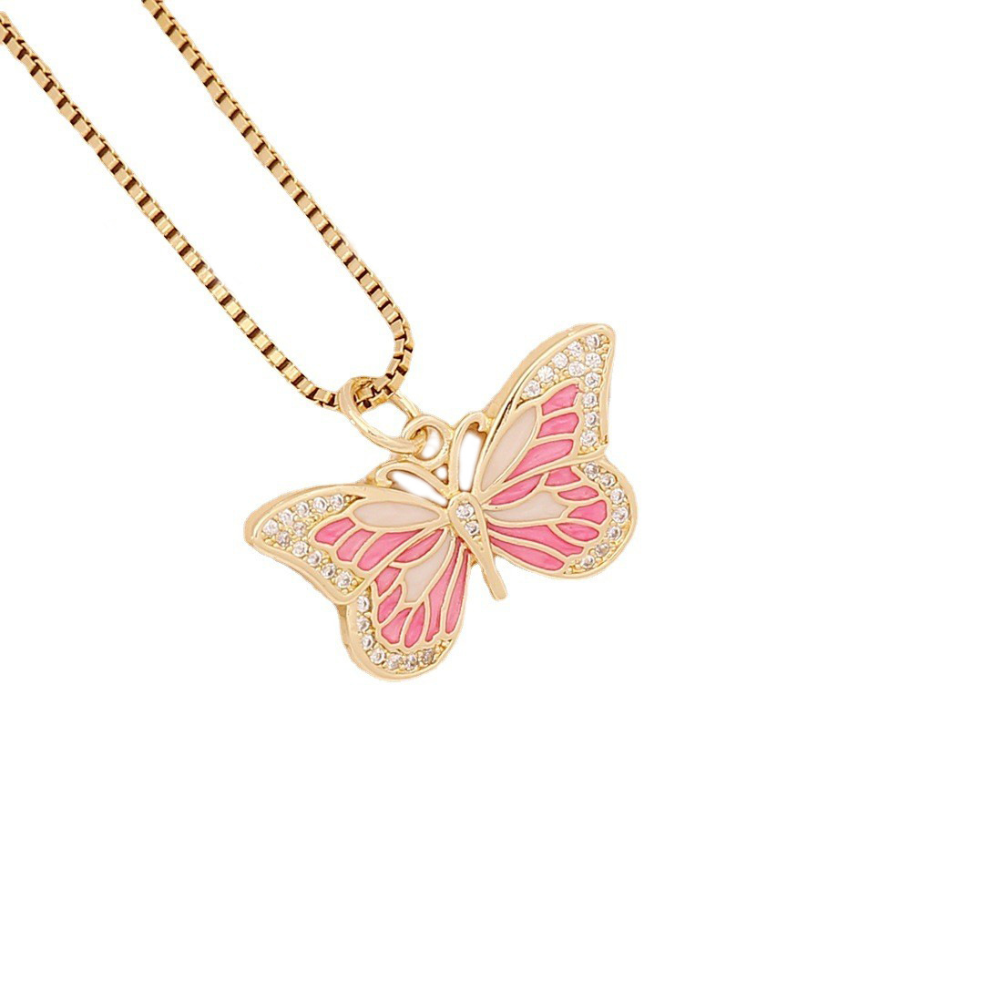 European and American cross-border jewelry, oil-dripping butterfly necklace, copper micro-inlaid zircon pendant, INS style collarbone chain detail image 6