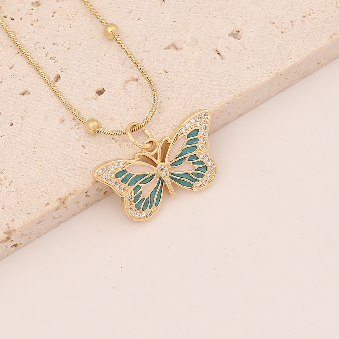 European and American cross-border jewelry, oil-dripping butterfly necklace, copper micro-inlaid zircon pendant, INS style collarbone chain detail image 5