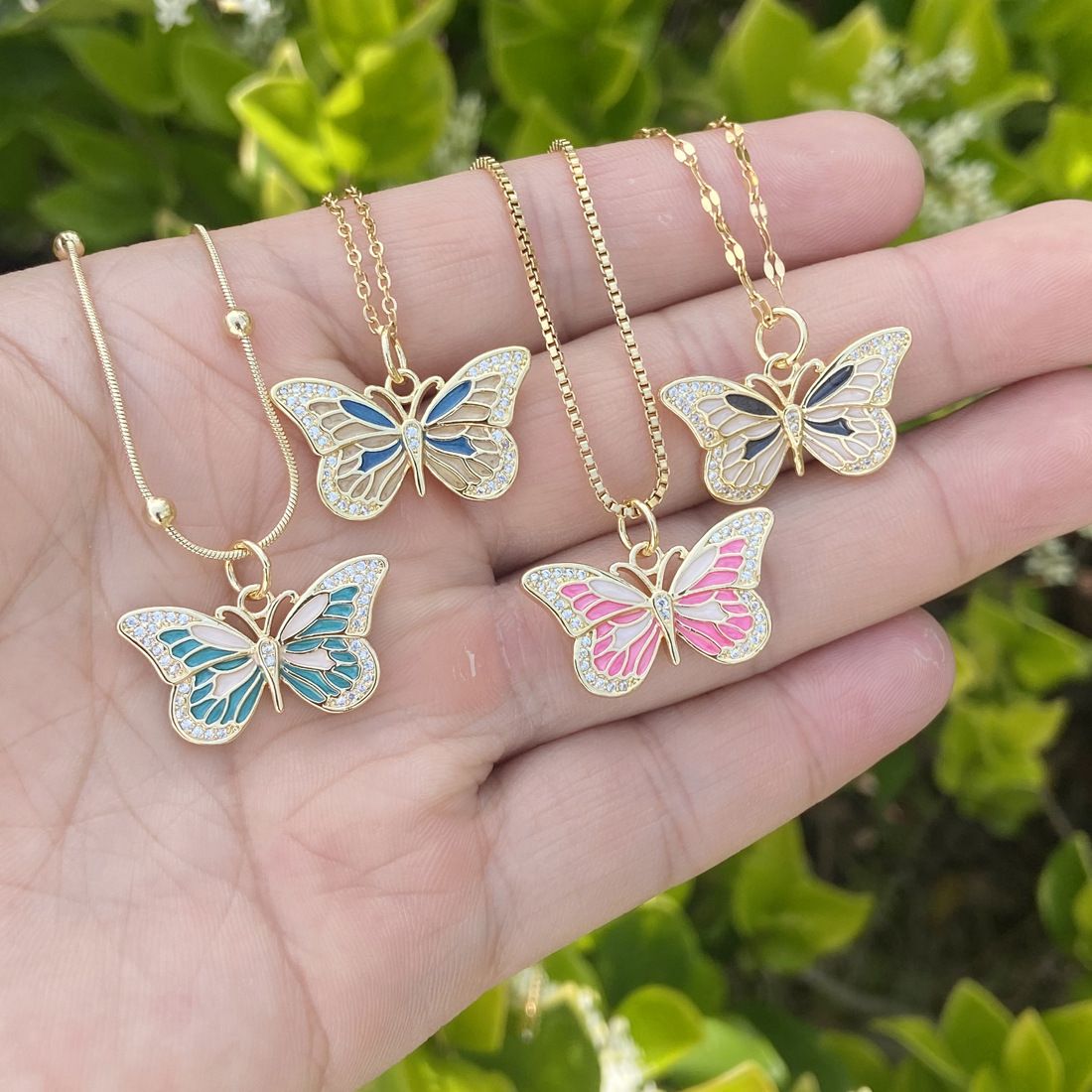 European and American cross-border jewelry, oil-dripping butterfly necklace, copper micro-inlaid zircon pendant, INS style collarbone chain detail image 2