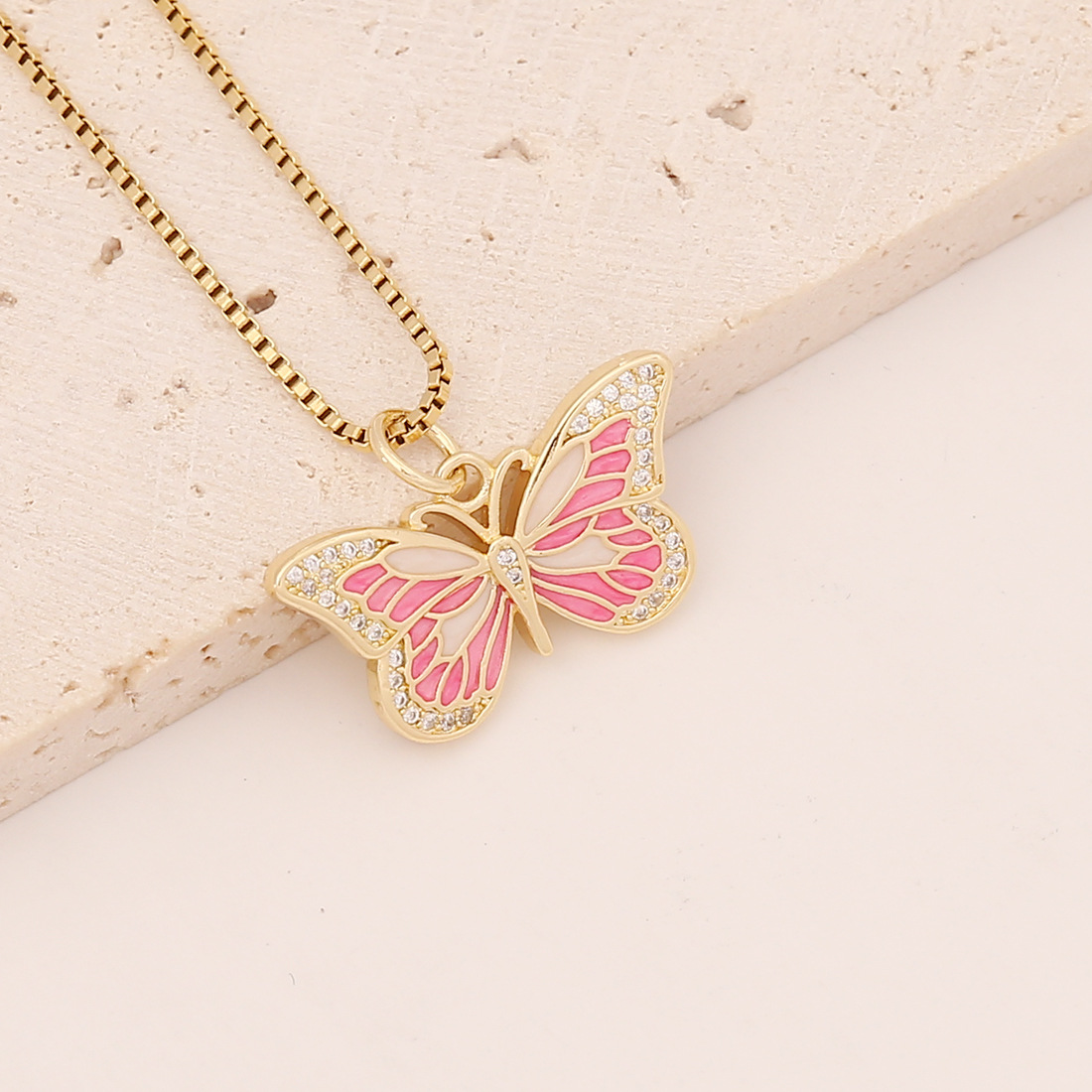 European and American cross-border jewelry, oil-dripping butterfly necklace, copper micro-inlaid zircon pendant, INS style collarbone chain detail image 7