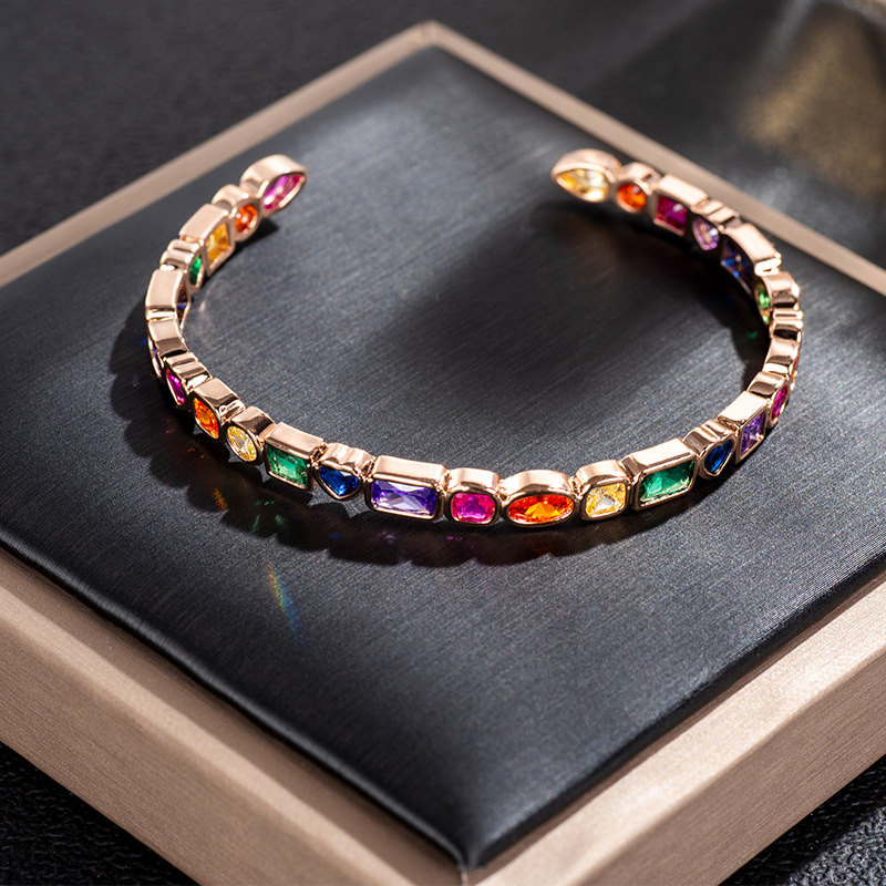Rainbow Zircon seven-color irregular-shaped bracelet for female Internet celebrities, European and American light luxury rose gold birthday and Valentine's Day gift wholesale detail image 3