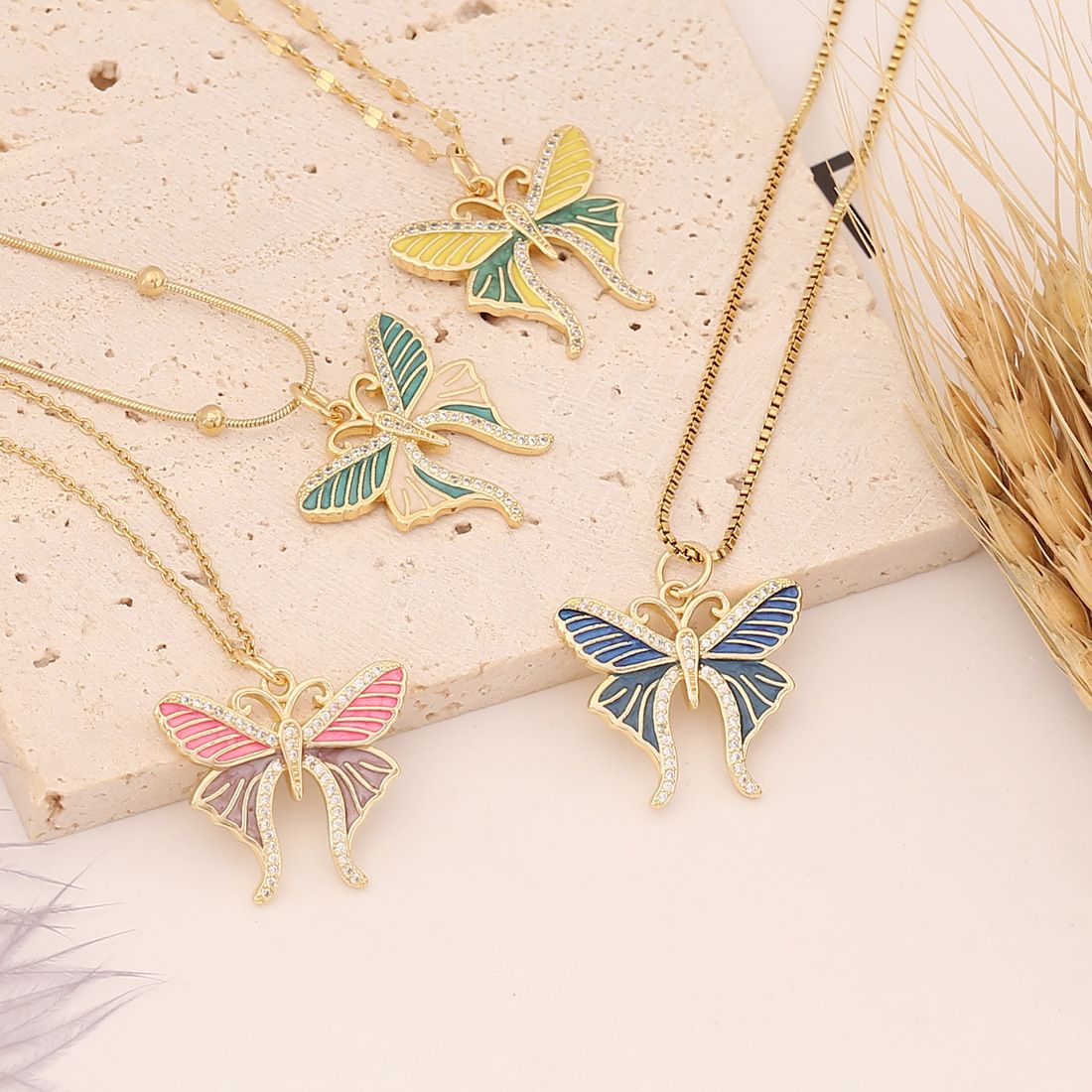 European and American cross-border jewelry, oil-dripping butterfly necklace, fashionable zircon pendant