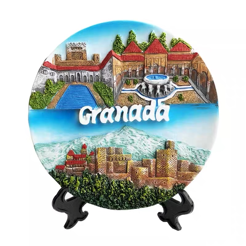 西班牙格拉纳达阿尔罕布拉宫创意手工彩绘树脂工艺品装饰圆盘摆件图