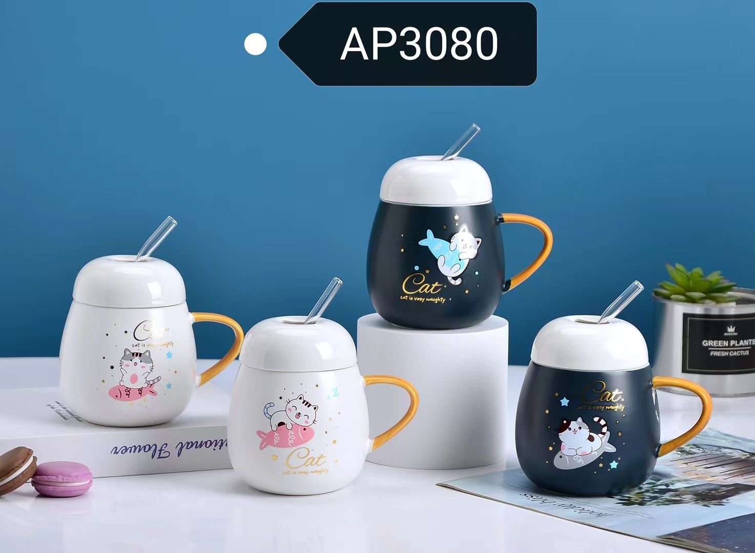 方圆陶瓷吸管水杯网红卡通可爱风吸管水杯FYY234564详情图2