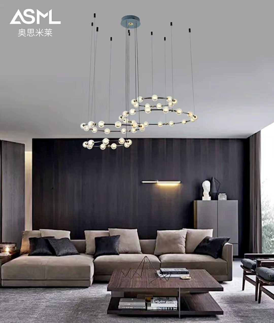Happy Bean Living Room Exhibition Hall Lights 45 heads, diameters 1000+850+650+650mm, pearl black + gold LED three-color variable light + stepless dimming
