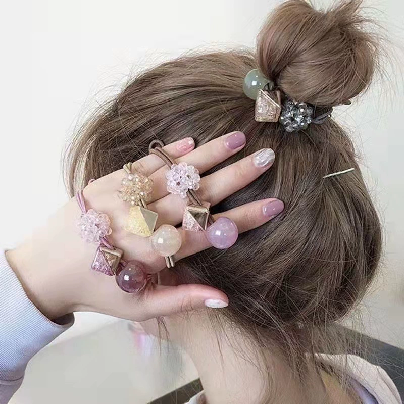 Korean version with beaded jelly-colored hair tie, rubber band, popular bun hairstyle, ponytail leather case, simple and elegant hair accessory for girls detail image 2