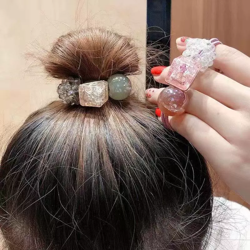 Korean version with beaded jelly-colored hair tie, rubber band, popular bun hairstyle, ponytail leather case, simple and elegant hair accessory for girls detail image 3