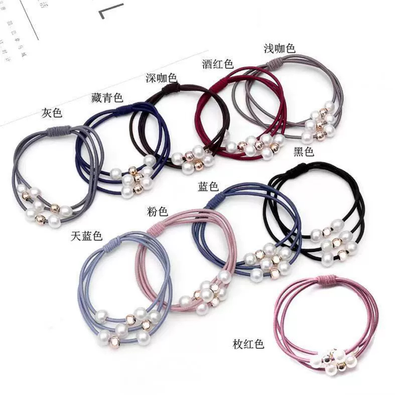 Korean ins high-elasticity three-line multi-layer rubber band pearl tie gold bead knot hair nine-bead retro and simple style headwear Item Picture