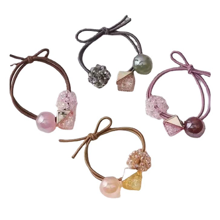Korean version with beaded jelly-colored hair tie, rubber band, popular bun hairstyle, ponytail leather case, simple and elegant hair accessory for girls Item Picture