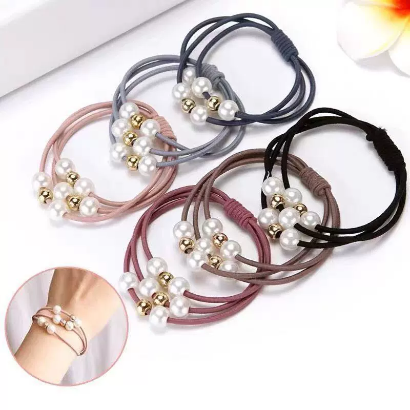 Korean ins high-elasticity three-line multi-layer rubber band pearl tie gold bead knot hair nine-bead retro and simple style headwear detail image 2