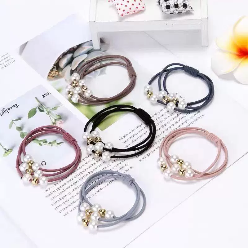 Korean ins high-elasticity three-line multi-layer rubber band pearl tie gold bead knot hair nine-bead retro and simple style headwear details Picture