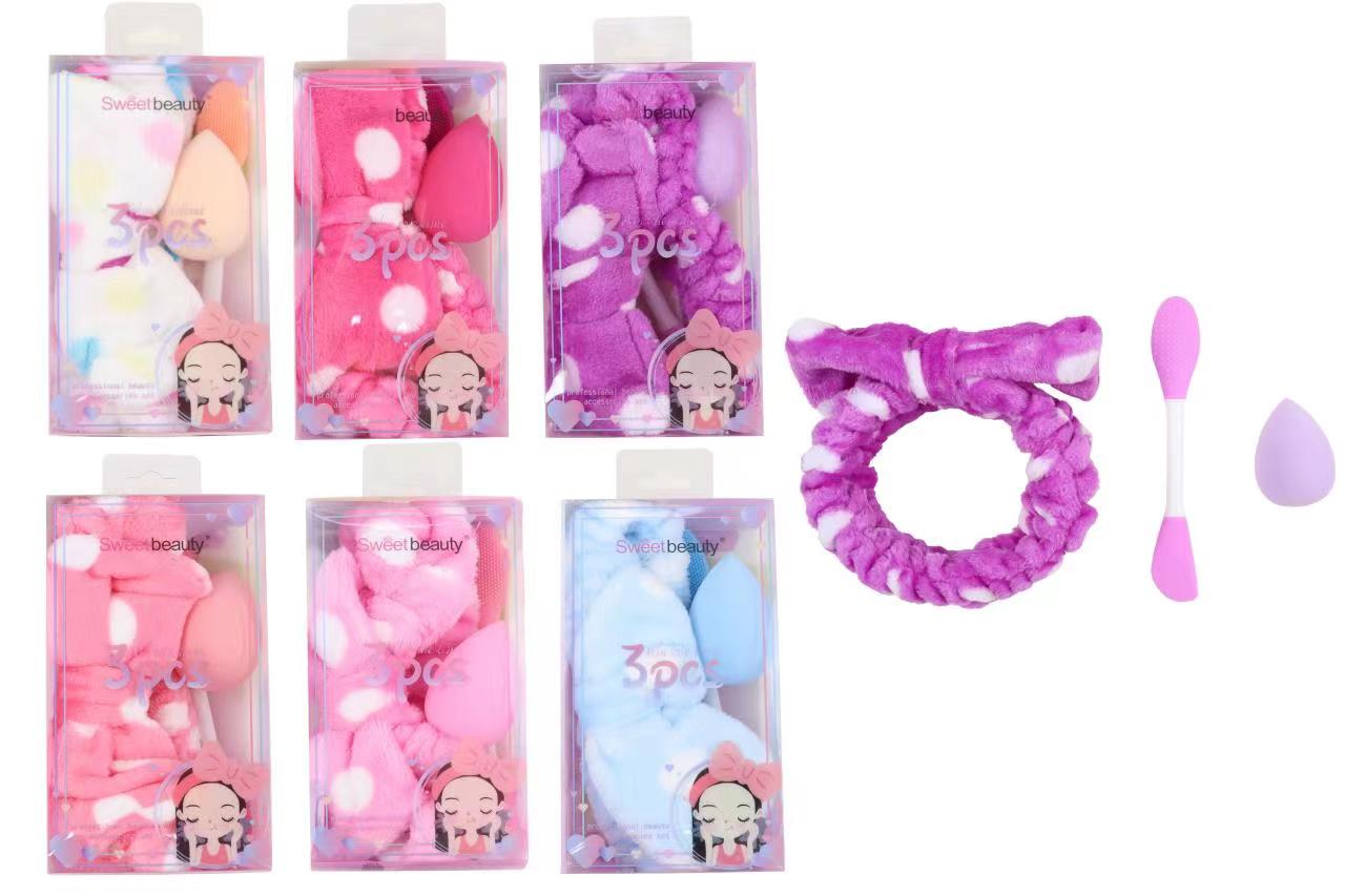 Cross-border bow fashion Korean style, cute and simple cartoon pattern polka dot hair tie, mask brush, beauty egg set
