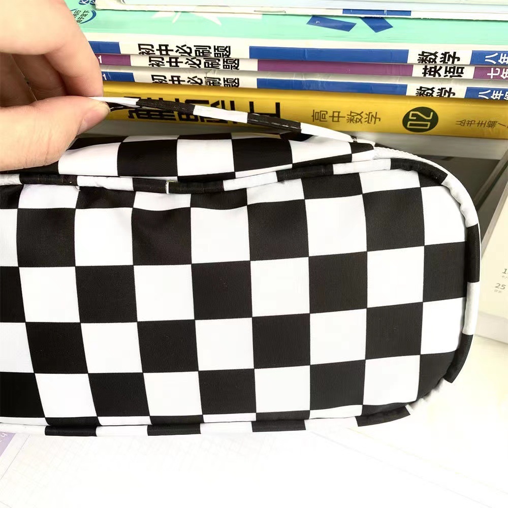 高级手提黑白棋盘格笔袋多功能大容量双层文具