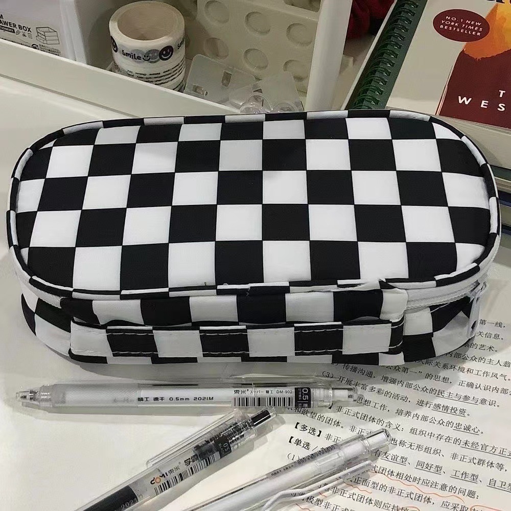 高级手提黑白棋盘格笔袋多功能大容量双层文具
