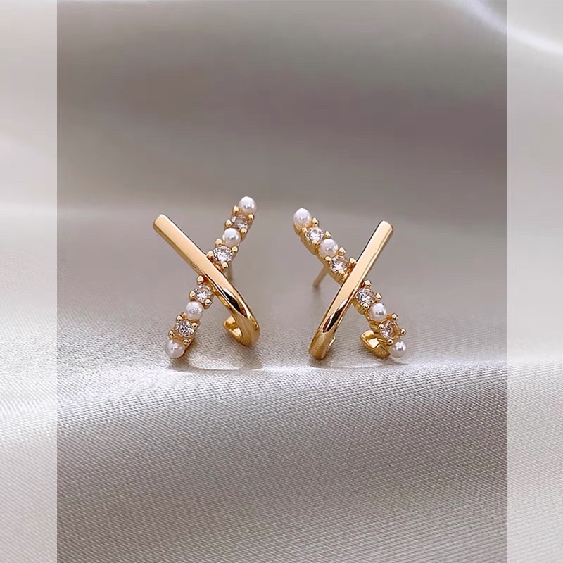 Micro-inlaid pearl opal X cross stud earrings, exquisite geometric art, small and fashionable earring accessories details Picture