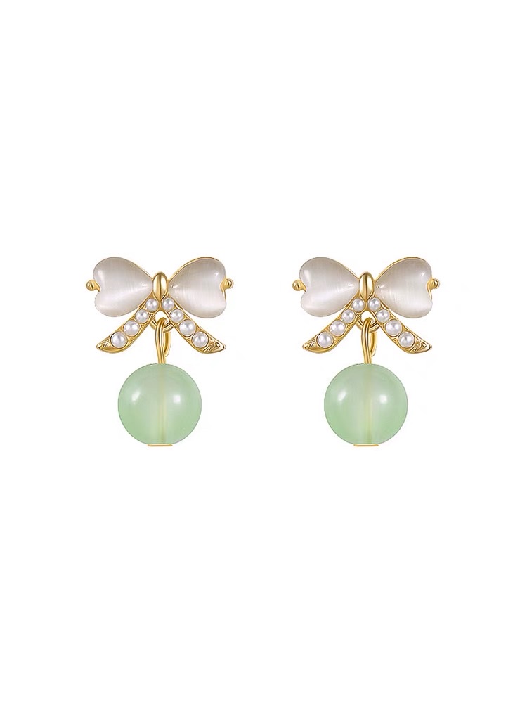 Green bow stud earrings, simple and small women's earrings, new trendy earrings Specification image