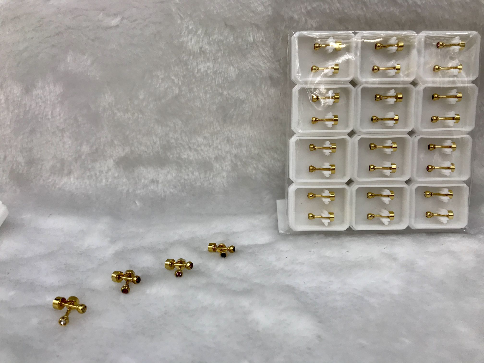 Titanium steel golden diamond stud earrings, 3 pairs each in white, red, pink and black
