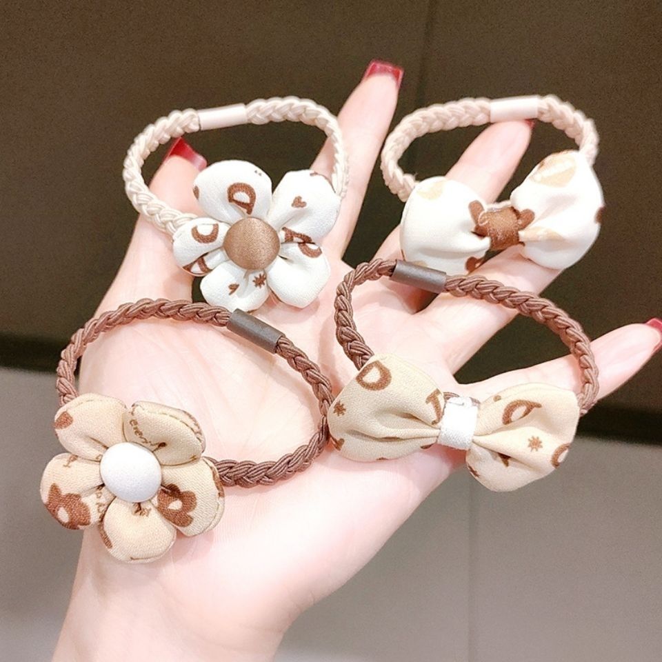 Beauty fabric flower bow tie hair tie, cute rubber band hair tie, girl bun hairstyle, ponytail, simple rubber band hair band details Picture