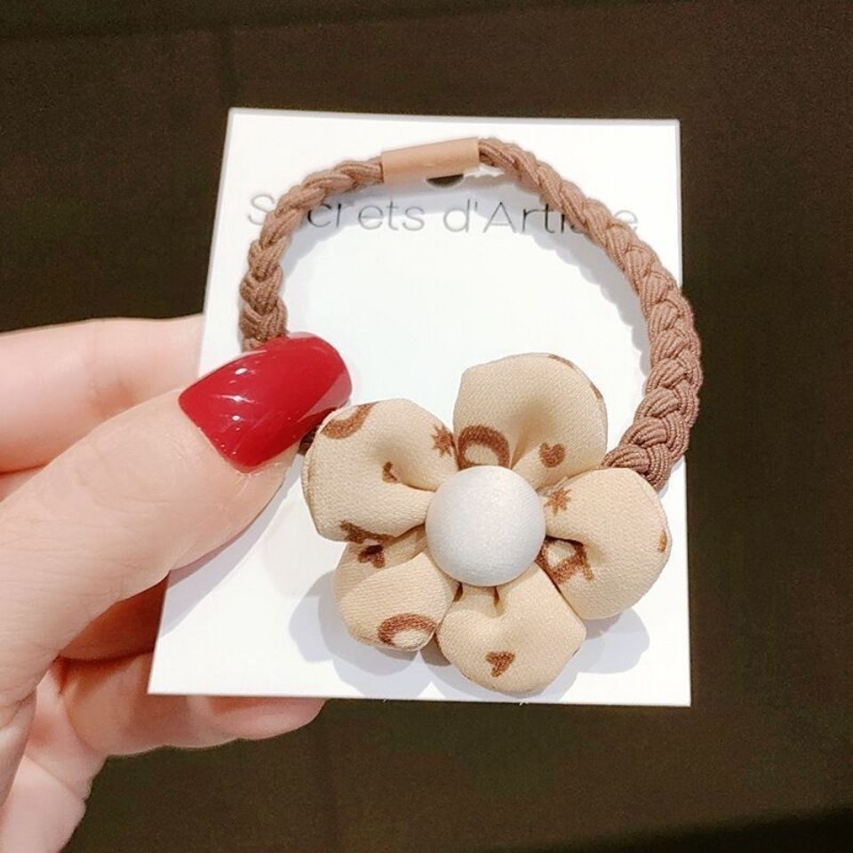 Beauty fabric flower bow tie hair tie, cute rubber band hair tie, girl bun hairstyle, ponytail, simple rubber band hair band Item Picture