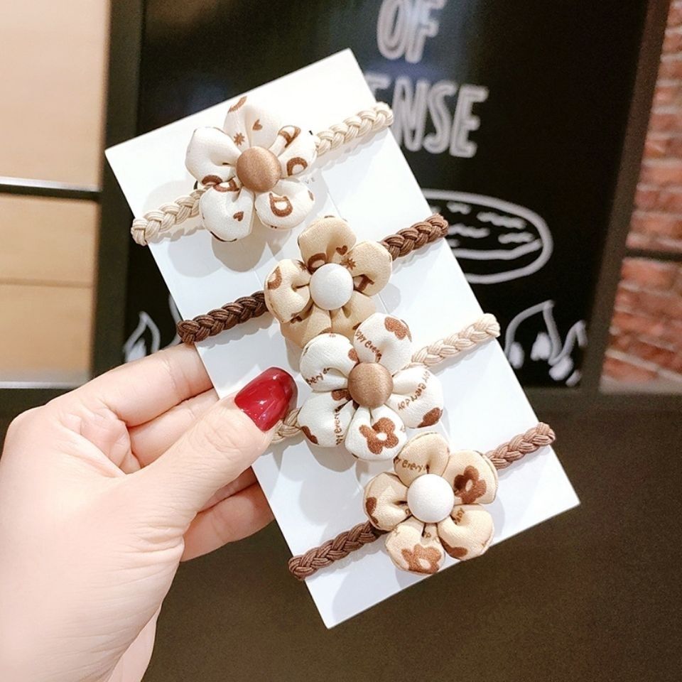 Beauty fabric flower bow tie hair tie, cute rubber band hair tie, girl bun hairstyle, ponytail, simple rubber band hair band Specification image