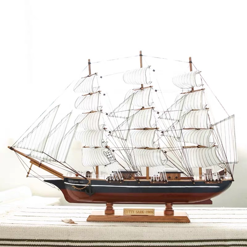 60cm 8607-60D 创意实木一帆风顺帆船模型摆件办公室酒柜玄关装饰品开业礼品图