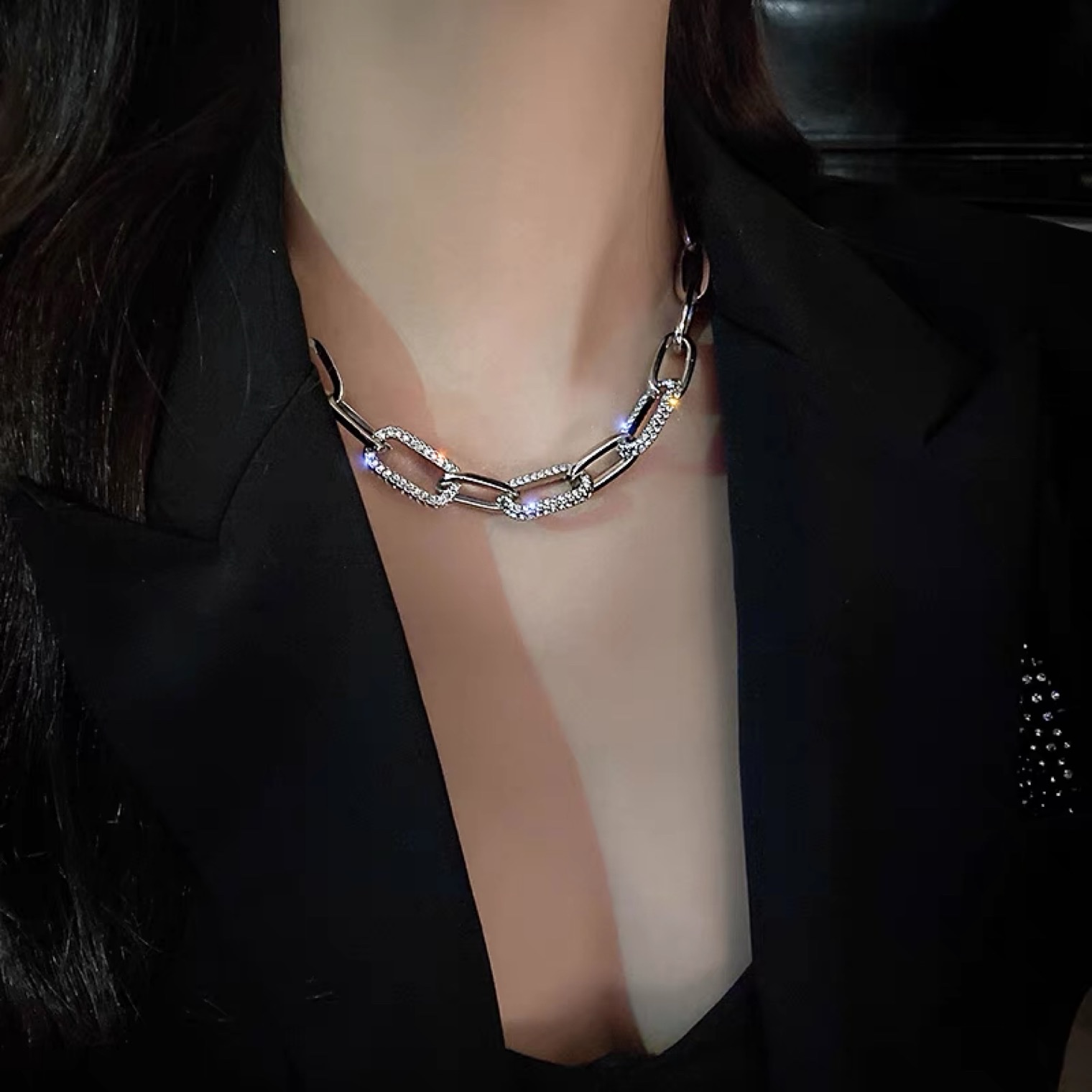 纯银古巴项链女粗链条欧美个性2022新款百搭ins潮小众设计锁骨链