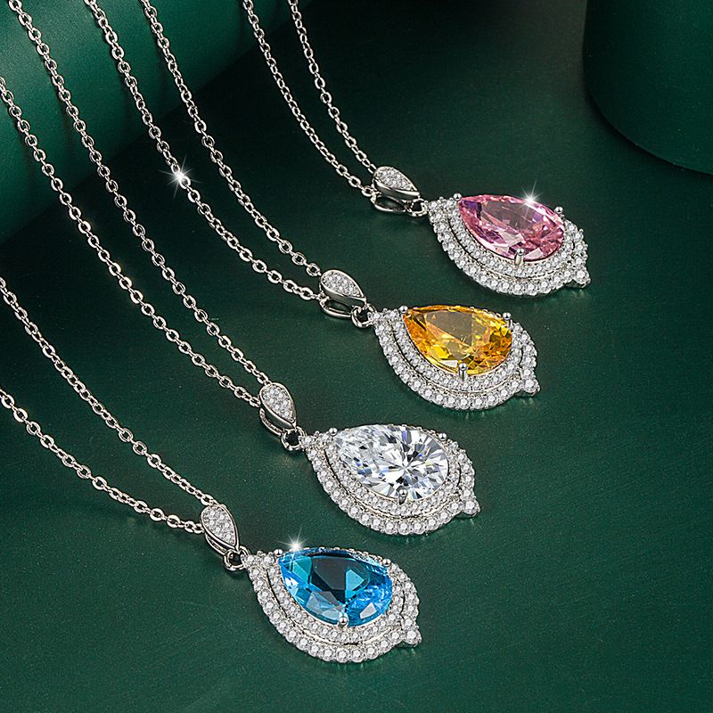 Zircon water drop pendant, fashionable and colorful color matching necklace, elegant yellow diamond and pink diamond large water drop pendant