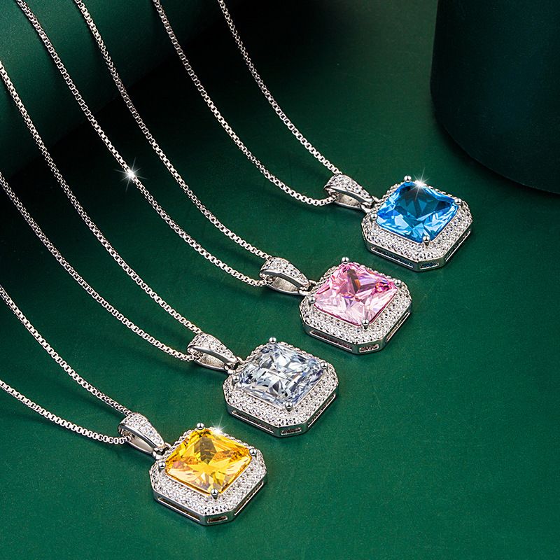 Kuaishou Douyin Live stream colorful diamond necklace, simple princess square pendant set with yellow and pink diamond jewelry