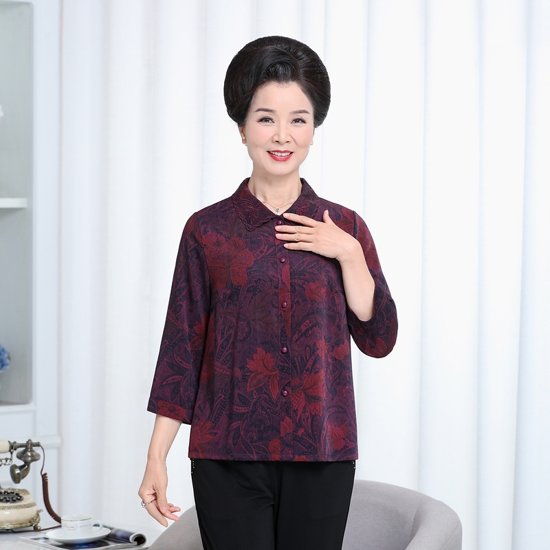 新款女装Q22011中老年妈妈春夏季上衣印花衬衫外套60-70-80加肥加