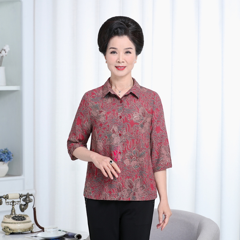 新款女装妈妈夏装仿真丝七分袖衬衫中老年女春装