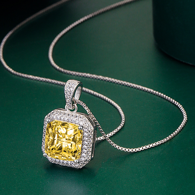 Kuaishou Douyin Live stream colorful diamond necklace, simple princess square pendant set with yellow and pink diamond jewelry detail image 4