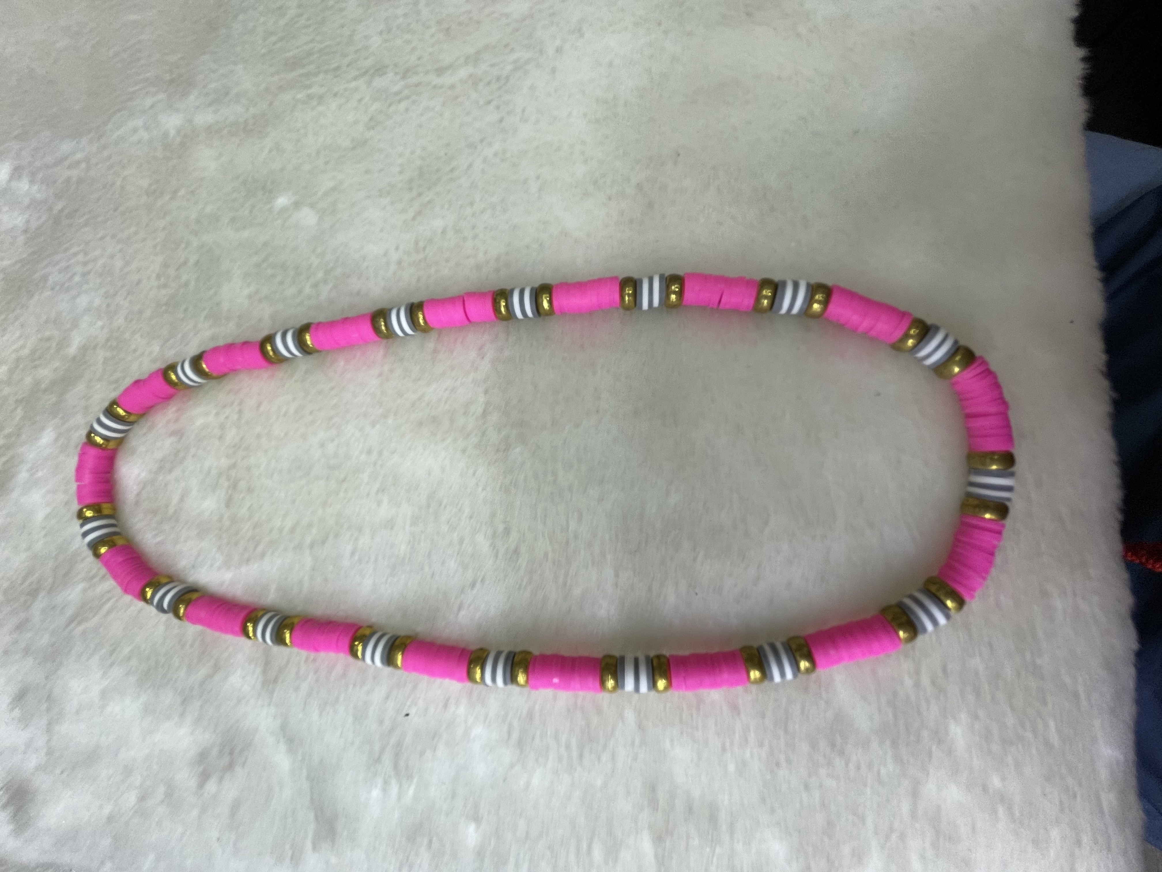 Rose red soft ceramic shard and golden flat bead necklace details Picture