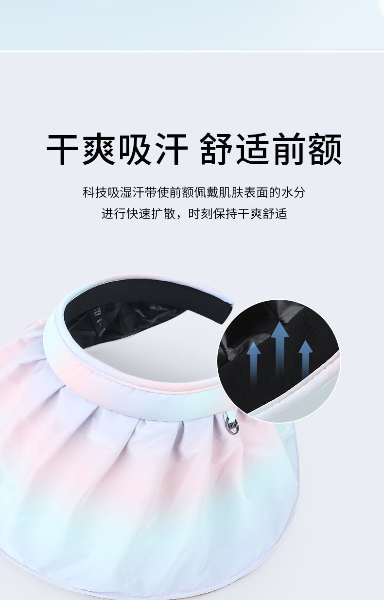 夏季新款彩虹渐变色空顶帽女黑胶防紫外线遮阳帽大沿贝壳太阳帽子详情图6