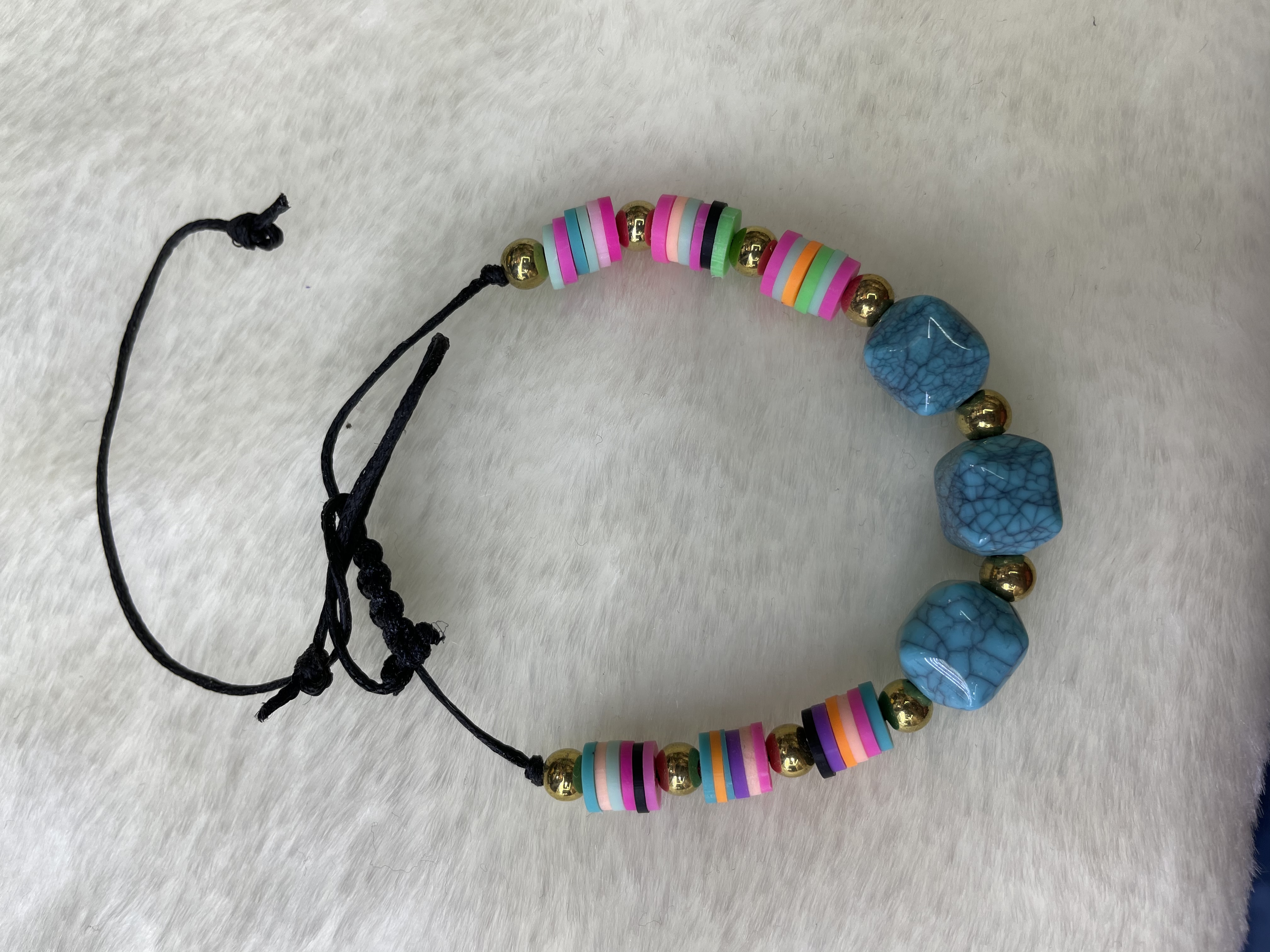 Black silk thread strung with seven-color slices and pine orchid angular beads bracelet details Picture