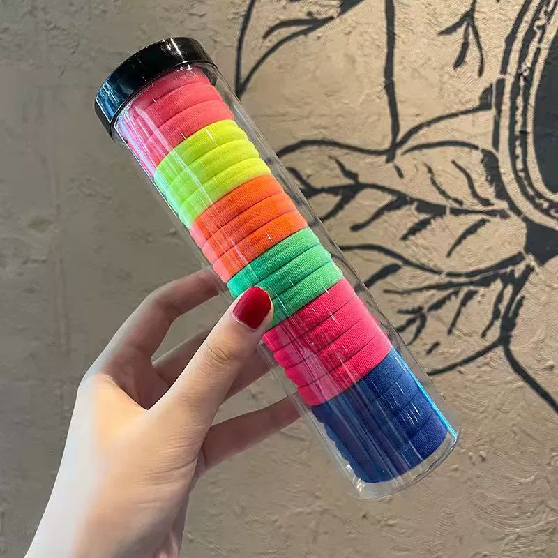 2022 New 20-piece can hair bands, new rubber band women's hair tie towel, thickened high-elasticity hair cord, simple leather cover hair cord, color black and white fluorescent series detail image 2