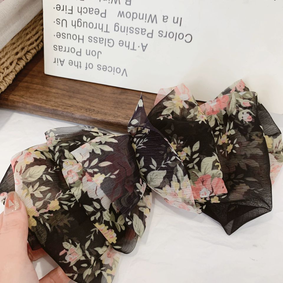 2022 New Korean style Instagram super large bow hair clip, fluffy chiffon spring clip, high-end floral hair clip and hair accessory, back head clip detail image 6