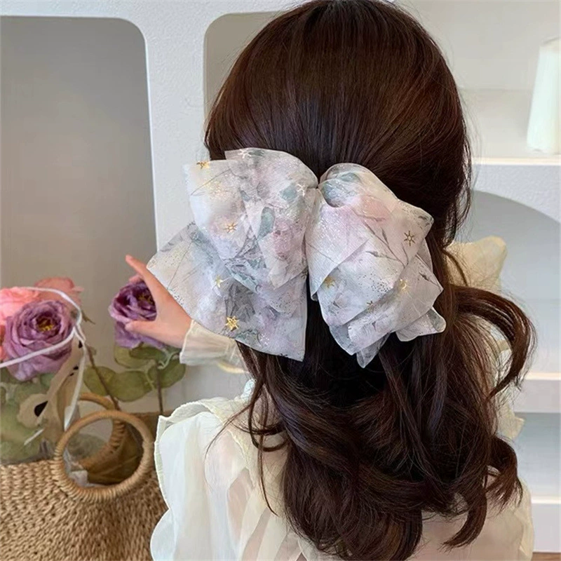 2022 New Korean style Instagram super large bow hair clip, fluffy chiffon spring clip, high-end floral hair clip and hair accessory, back head clip