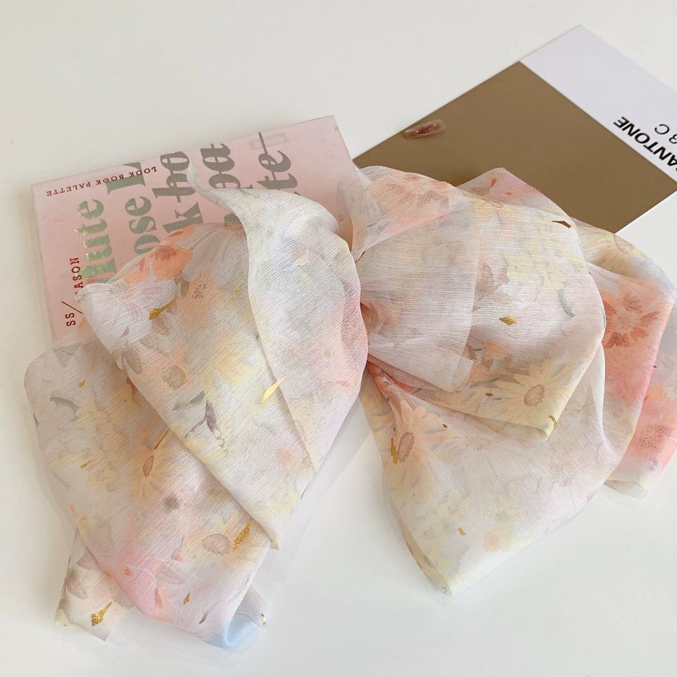 2022 New Korean style Instagram super large bow hair clip, fluffy chiffon spring clip, high-end floral hair clip and hair accessory, back head clip detail image 10