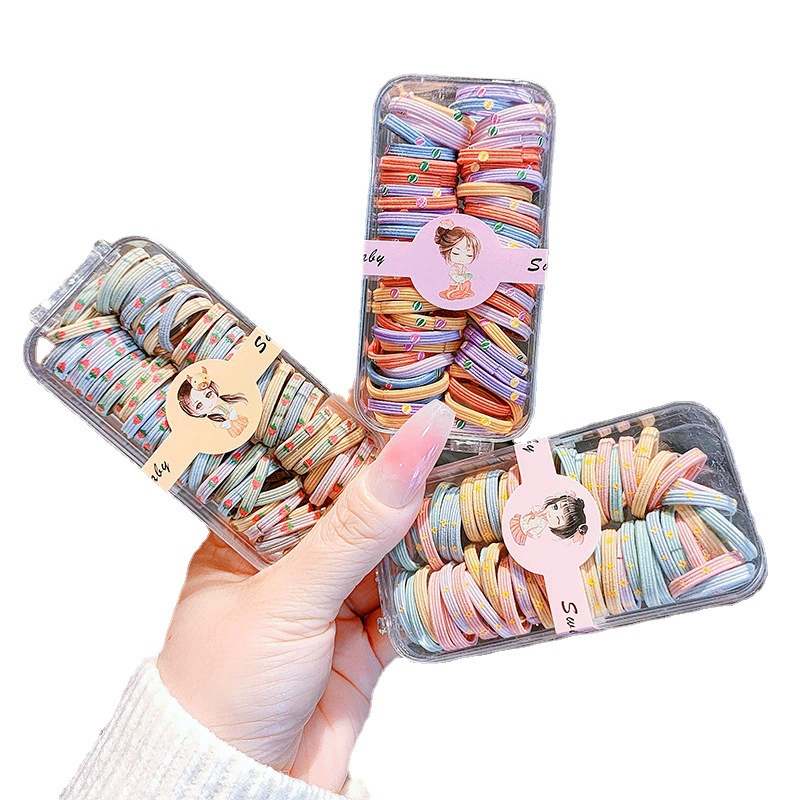 60 pieces per box of children's rubber bands, no hair damage, good elasticity, candy-colored wide-edge printed small hair ties, girls can tie ponytails Item Picture