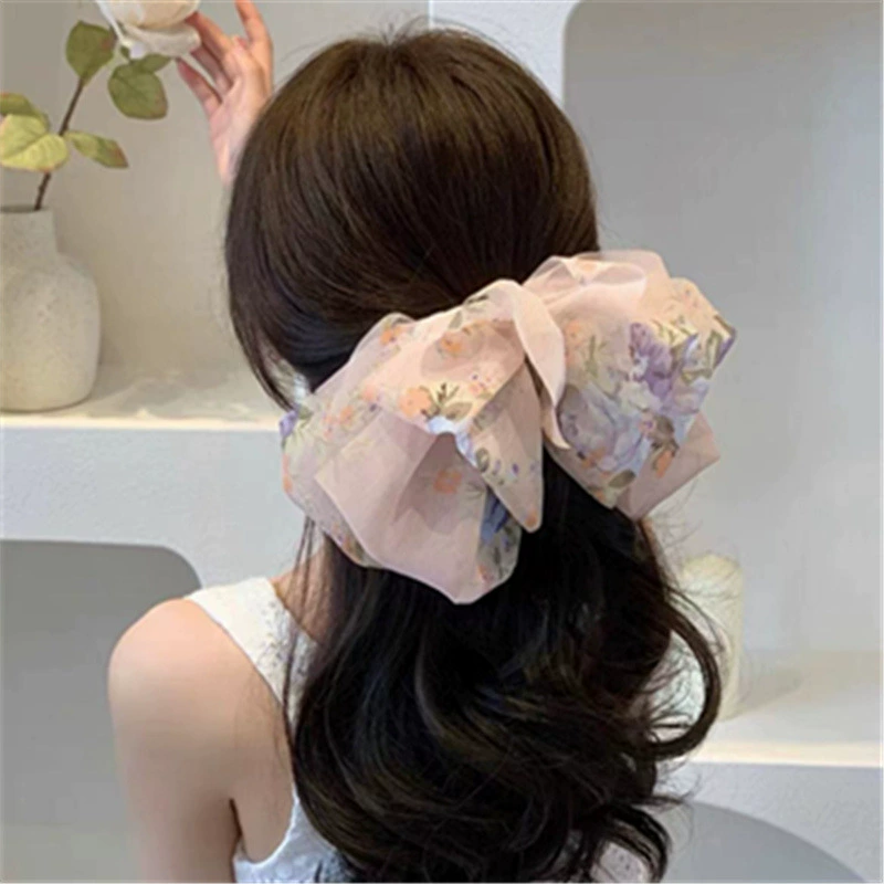2022 New Korean style Instagram super large bow hair clip, fluffy chiffon spring clip, high-end floral hair clip and hair accessory, back head clip detail image 5