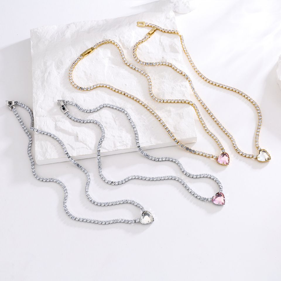 New heart zircon chain Heart pink diamond necklace, cross-border exclusive European and American style jewelry