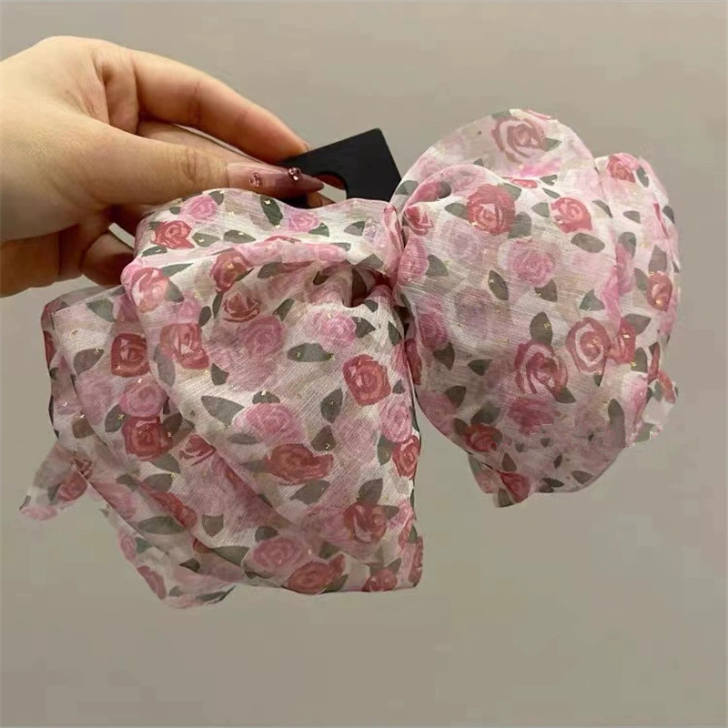 2022 New Korean style Instagram super large bow hair clip, fluffy chiffon spring clip, high-end floral hair clip and hair accessory, back head clip detail image 7