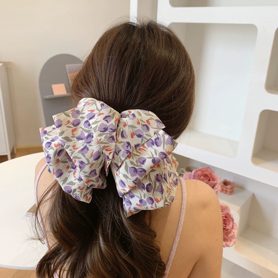2022 New Korean style Instagram super large bow hair clip, fluffy chiffon spring clip, high-end floral hair clip and hair accessory, back head clip detail image 2