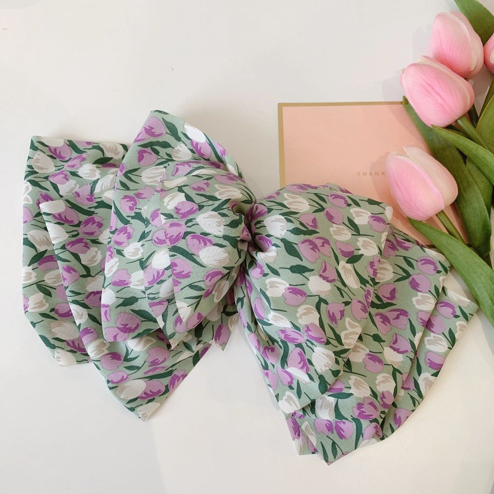 2022 New Korean style Instagram super large bow hair clip, fluffy chiffon spring clip, high-end floral hair clip and hair accessory, back head clip detail image 3