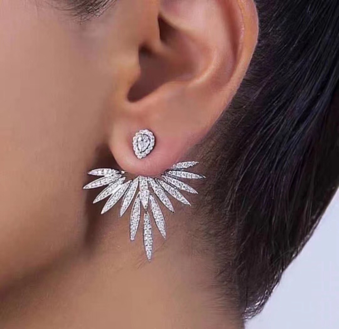 S925 Silver needle European-style copper inlaid zircon geometric feather simple women's short stud earrings, double women's stud earrings detail image 2